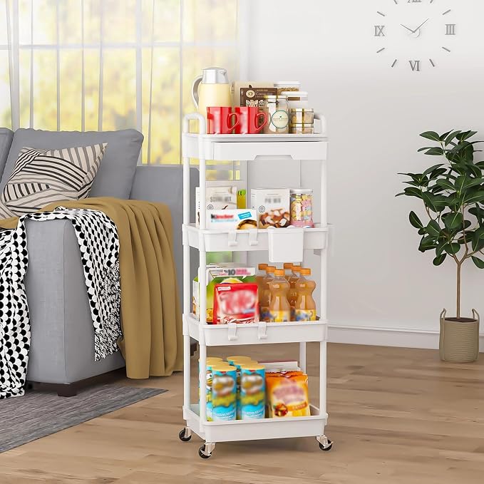 4 Tier Rolling Utility Cart with Drawer, Plastic Storage Organizer Rolling Carts with Wheels Handles Hanging Cups Hooks for Office, Bathroom, Kitchen,Craft Art Room (White) - Image 8