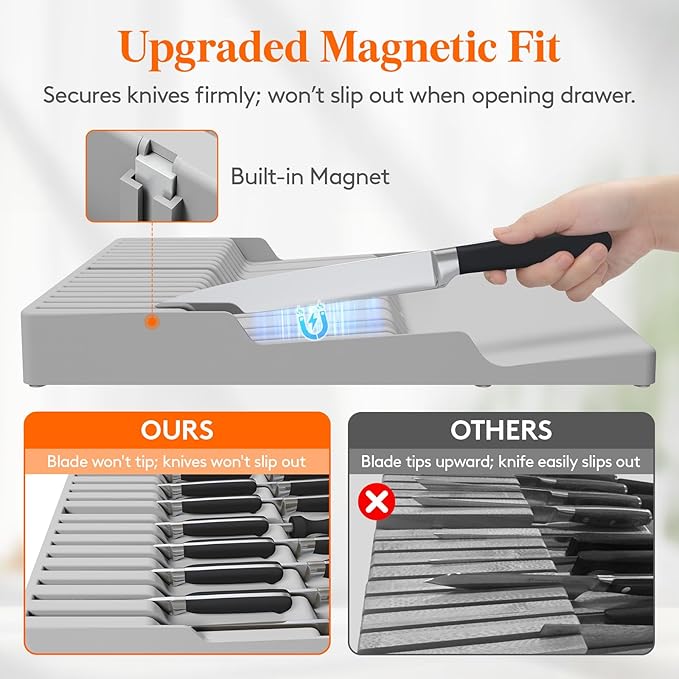 Lifewit Magnetic Drawer Knife Organizers Insert Pastic for 16 Knives, Gray | Kitchen Plastic In Drawer Knife Block Slots, Steak Chefs Knives Holder Storage for 16 Knives and 1 Sharpening Steel 16.5" - Image 4