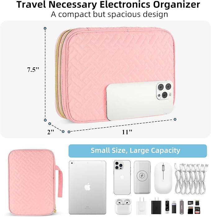 Electronics Organizer Travel Case, Charger Bag Cord Organizer Travel, All-in-One Cable Organizer Bag for Charger, Cords, Phone, Headphones, Flash Drive, SD Card (Pink, Large-Double Layer) - Image 4