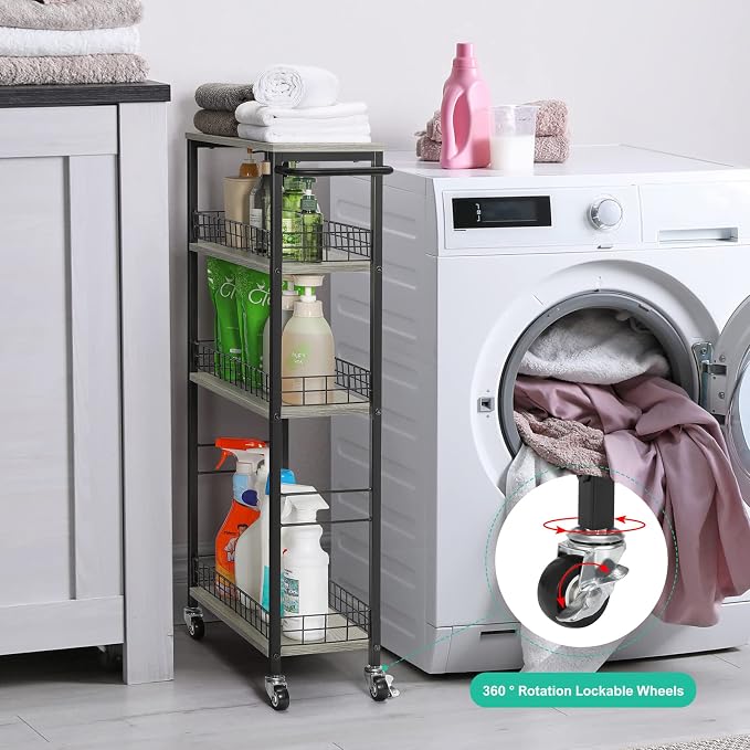 YBING Slim Storage Cart 4 Tier Narrow Rolling Cart, 7.3'' Wide | Mobile Kitchen Narrow Cart, Wooden Tabletop, With Handle, For laundry Living Room, Grey - Image 3