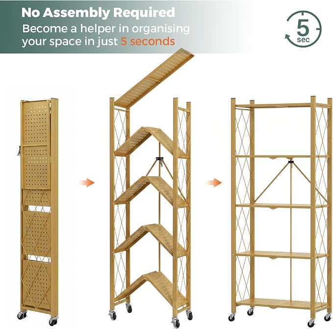 DEANIC 5-Shelf Folding Bookcase with Wheels, Rolling Bookshelf Heavy Duty Storage Shelves, Freestanding Metal Wire Shelving Unit for Living Room, Office, Kitchen, Basement, Pantry (Gold) - Image 5