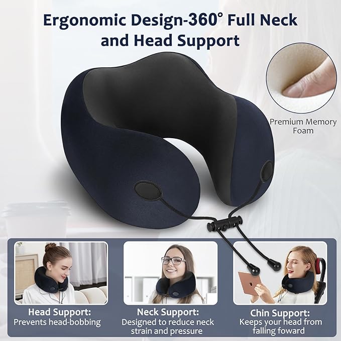 Memory Foam Travel Neck Pillow for Airplane, Neck Support, Black | Airplane neck pillow for long flights, breathable & washable cover, eye mask, earplugs, ergonomic support, compact travel bag - Image 2