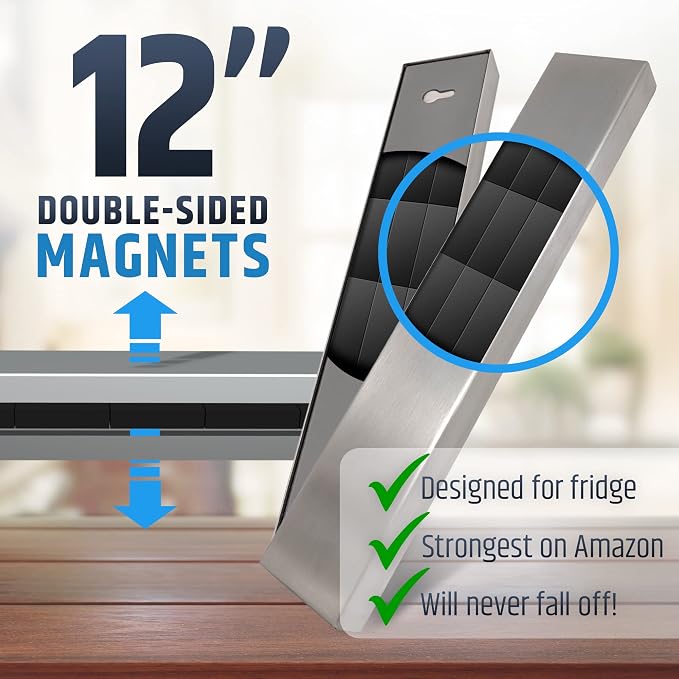 12" Premium Magnetic Knife Holder for Refrigerator (Double-Sided Heavy-Duty Magnets) - Upgraded Strip for Strong Fridge Mount - Clear Up Counter Space - 304 Anti-Rust Stainless Steel (Upgraded Design) - Image 4