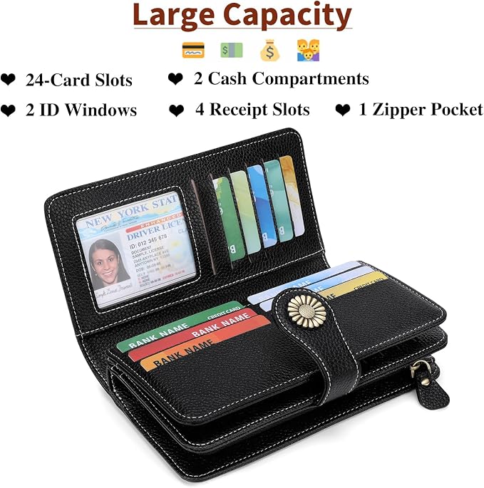 SENDEFN Wallets for Women Leather Credit Card Holder with RFID Blocking Large Capacity Wristlet | with RFID Blocking - Image 4