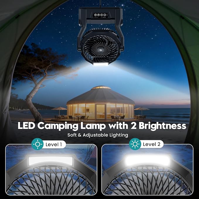 XZK 36000mAh Rechargeable Camping Fan, Battery Powered Portable Travel Fan | 98H Runtime, LED Light, Quiet Desk Fans for Indoor,Outdoor,Fishing,Jobsite & Hurricane Emergency, Gifts for Men Dad Him - Image 5