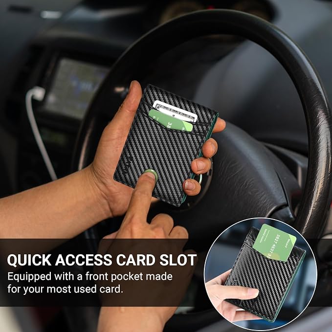 VATAN Wallet for Men Slim RFID Blocking Leather Credit Card Holder Wallet for 15 Cards, Bifold Minimalist Thin Wallet with 2 ID Windows & Cash Slot, With Gift Box (Carbon black and Green) - Image 6