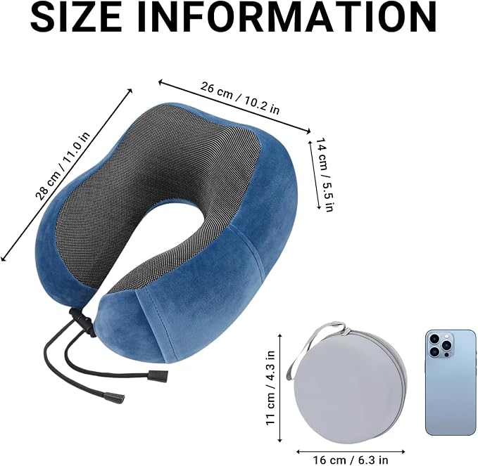 Travel Neck Pillow, 100% Memory Foam, U-Shaped with Storage Box, Blue | 100% memory foam with 360-degree support & adjustable buckle. Compact storage box. Machine washable cover. Fits all necks. - Image 6