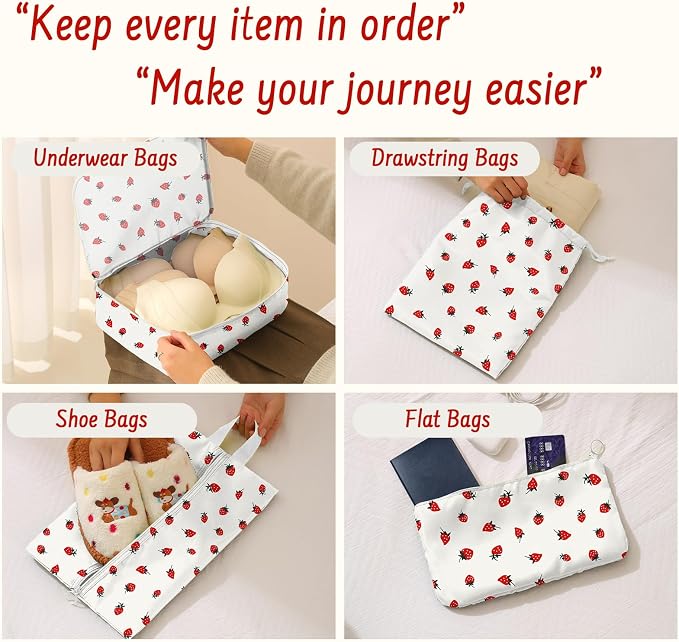9 Set Packing Cubes for Travel Essentials - Lightweight Carry-On Luggage Organizer Bags with Shoe, Clothes & Laundry Bags for Airplane, Family & Business Travel, Beige strawberry - Image 5