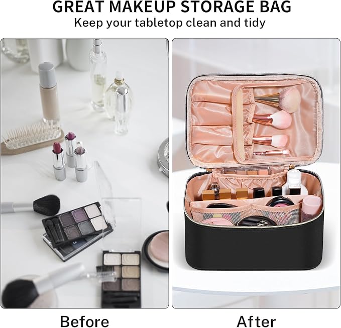 senbowe Travel Makeup Bag, Large Capacity Cosmetic Bags for Women,Portable Waterproof Leather Toiletry Bag Make Up Organizer Bag with Divider and Handle - Image 6