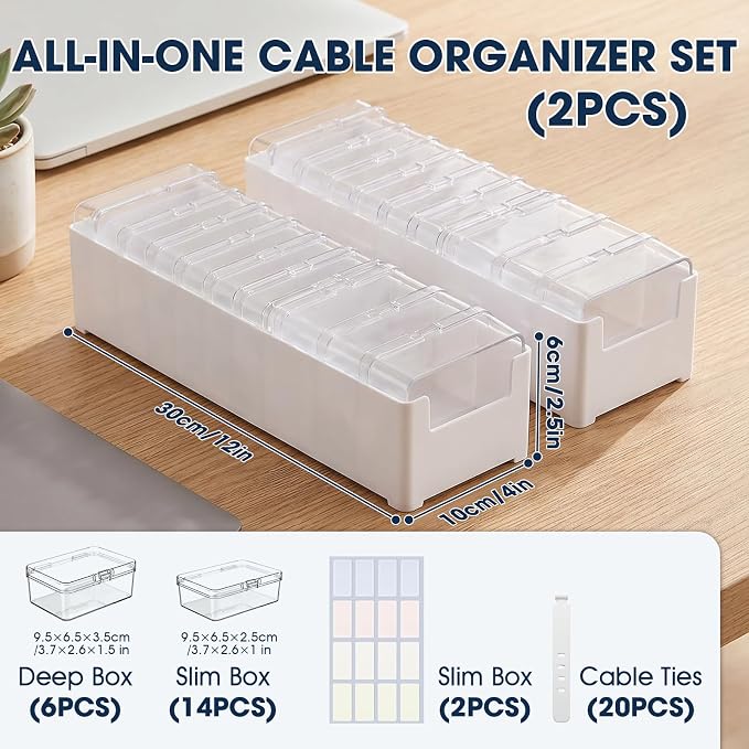 ARVOK 2 Sets Cable Cord Organizer Box with 20 Adjustable Compartments | Cable Storage Box with Lid，Solution for Cable Chaos Charger Cables, Organizer for Home Office Desk Organizers and Accessories - Image 2