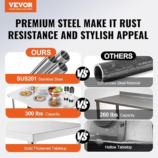 VEVOR Stainless Steel Foldable Work Table, 30 * 48 Inch Heavy Duty Food Outdoor Double Layer Stainless Steel Worktable for Commercial Kitchen Restaurant - Image 4