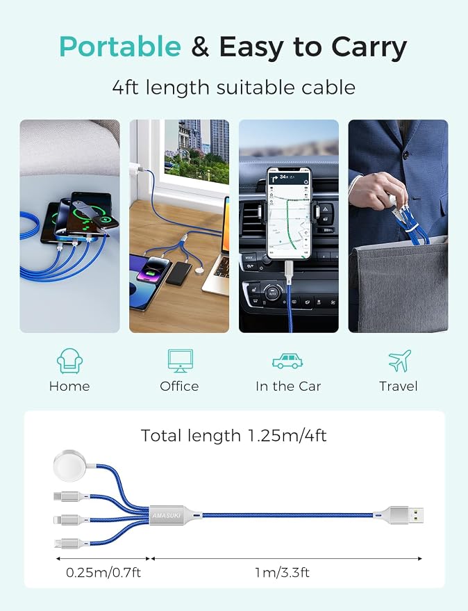 Amasuki Travel Essentials,4 in 1 for Apple Watch Charger/iPhone Charger/Multi Charging Cable,Vacation RV Camping Essentials,USB C/L/Micro Portable Charger for iWatch 11-1/iPhone 17-12,Car&Gift-Blue - Image 5