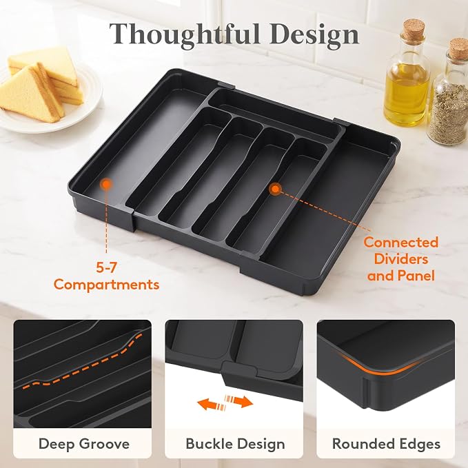 Lifewit Silverware Organizer for Drawer, Expandable Utensil Tray | BPA-free Plastic Adjustable Cutlery Holder for Kitchen Storage, 8.1-13.9 x 11.3, Black - Image 9