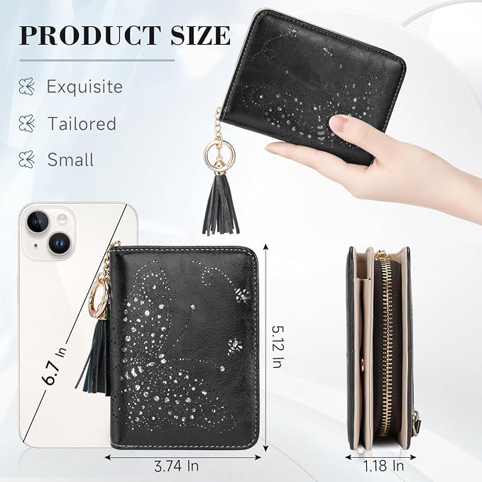 KITEVIUN Women RFID Blocking Small Bifold Wallet, Compact Cash Clutch with Zipper Coin Pocket, Glittery Butterfly Design, Credit Card Holder, Travel Purse with Tassel BLACK - Image 3