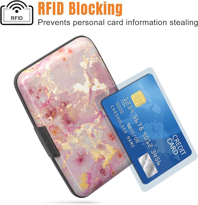 Rimilak Aluminuml Credit Card Holder,Pink Gold Mable | Mini Credit Card Wallet RFID Blocking Slim Metal Hard Case for Women Men - Image 2