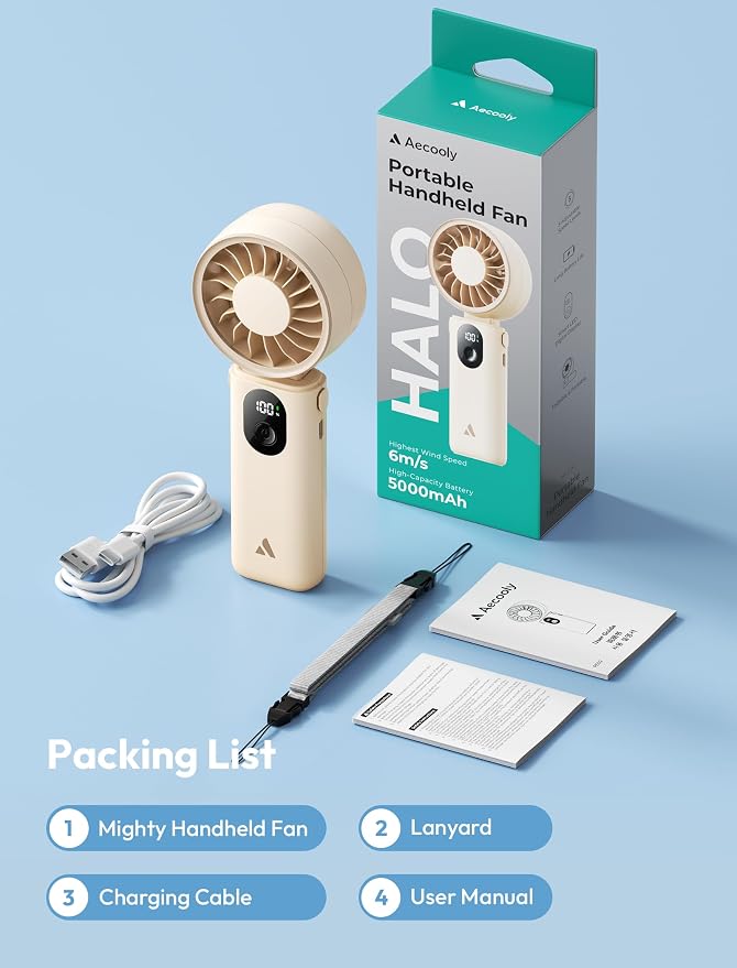 Aecooly Mighty Portable Handheld Fan | 26H Max Cooling | 3 Flexible Modes | 5 Speeds Wind | Battery Level Display | USB Rechargeable Mini Personal Battery Powered, Gifts for Women, Travel -Beige - Image 9
