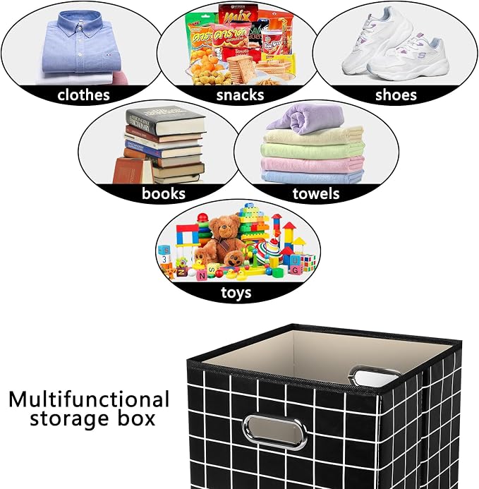 Yunkeeeper storage bins Cubes, Fabric Cube Organizer with Handle, Foldable Cube Bins for Cloth or Accessary Storage, 11x11x11, Set of 6, (Black grid) - Image 3