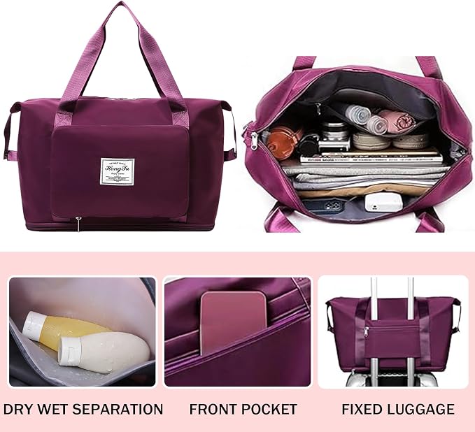 INVODA Travel Bag for Women Expandable Weekender Overnight Bag Carry on Sports Tote Gym Bag Waterproof Foldable Duffel Bag (Fuchsia) - Image 3