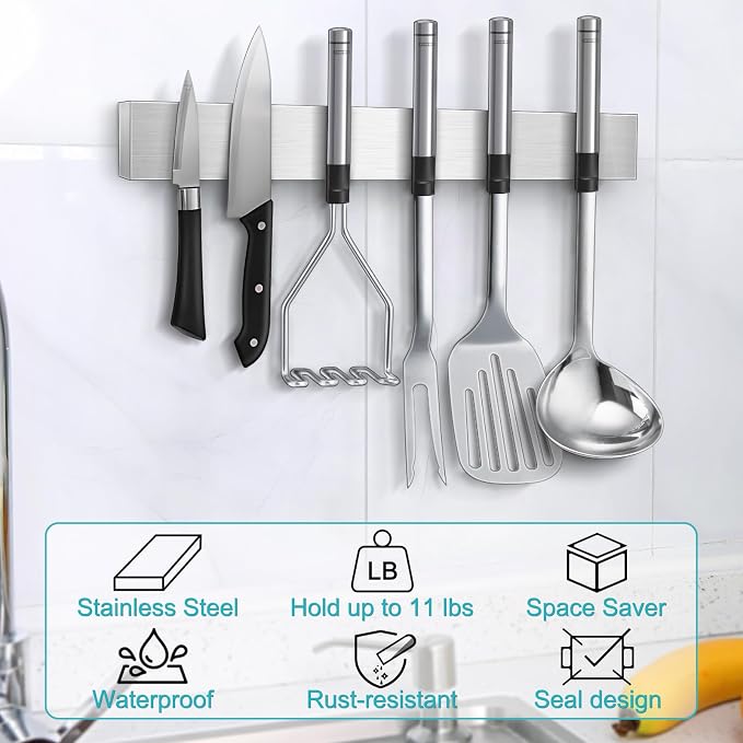 Magnetic Knife Holder for Wall, Knife Magnetic Strip Magnetic Knife Holder for Refrigerator Mount Knife Rack Kitchen Utensil Holder Metal Tool Holder Knife Block Kitchen Organizers Accessories 17 Inch - Image 5