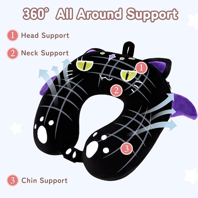 Kids Travel Neck Pillow for Ages 3-8, Memory Foam, Removable Cover, Cat | Machine washable, 13 in neck size, hidden zipper, 360-degree head and chin support, car seat and airplane use - Image 4