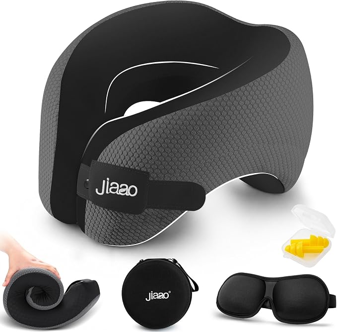 Ergonomic Travel Pillow,100% Memory Foam Travel Neck Pillow for Airplanes | 360° Neck & Chin Support Airplane Pillow For Long Flights,Airplane Travel Essentials With 3d Eye Mask, Earplugs,Carry Case by jiaao
