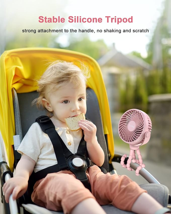 Coohea Clip on Stroller Fan, Rechargeable Long-Lasting Power Wind Fan, Pink | 4000mAh Battery Operated, 360° Rotatable Flexible Tripod, 3 Adjustable Speed, Portable Fan for Car Crib Backseat Beach Travel - Image 5