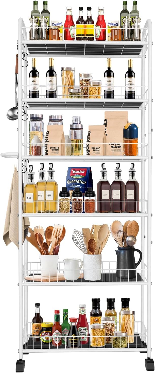 6in 6 Tier Slim Storage Cart with Wheels,Narrow Space Rolling Shelving Unit with Handle, Metal Wire Mobile Organizer Rack for Kitchen Bathroom Office Laundry by Seadasyoon