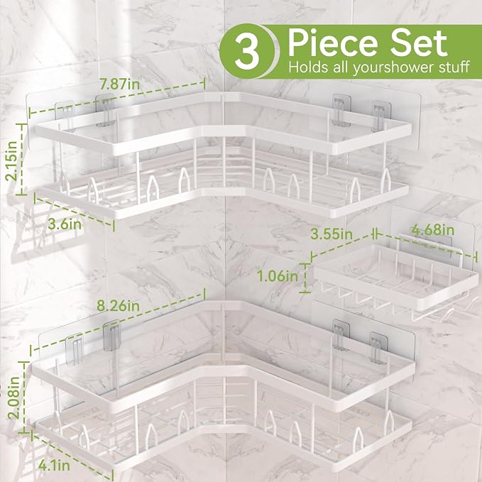 Shower Shelf Corner, Adhesive Shower Caddy Rustproof, Shower Shelves Corner with Soap Holder, No Drilling Shower Corner Organizer for Dorm, Renters Bathroom, White, 3 Pack - Image 7