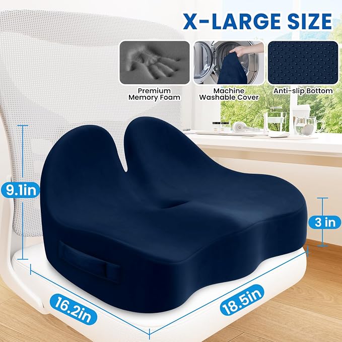 Seat Cushion, Chair Cushions, Memory Foam Office Chair Cushion | Hip & Sciatica & Tailbone Pain Relief, Long Sitting Comfort for Office Chairs/Desk Seats/Wheelchair (X-Large, Blue) - Image 2