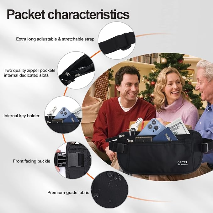 Money Belt - Passport Holder Secure Hidden Travel Wallet with RFID Blocking, Undercover Fanny Pack (Black) - Image 8