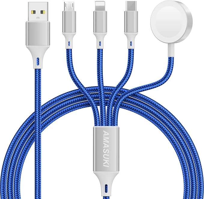 Amasuki Travel Essentials,4 in 1 for Apple Watch Charger/iPhone Charger/Multi Charging Cable,Vacation RV Camping Essentials,USB C/L/Micro Portable Charger for iWatch 11-1/iPhone 17-12,Car&Gift-Blue by ChargeBeyondPowerWithin