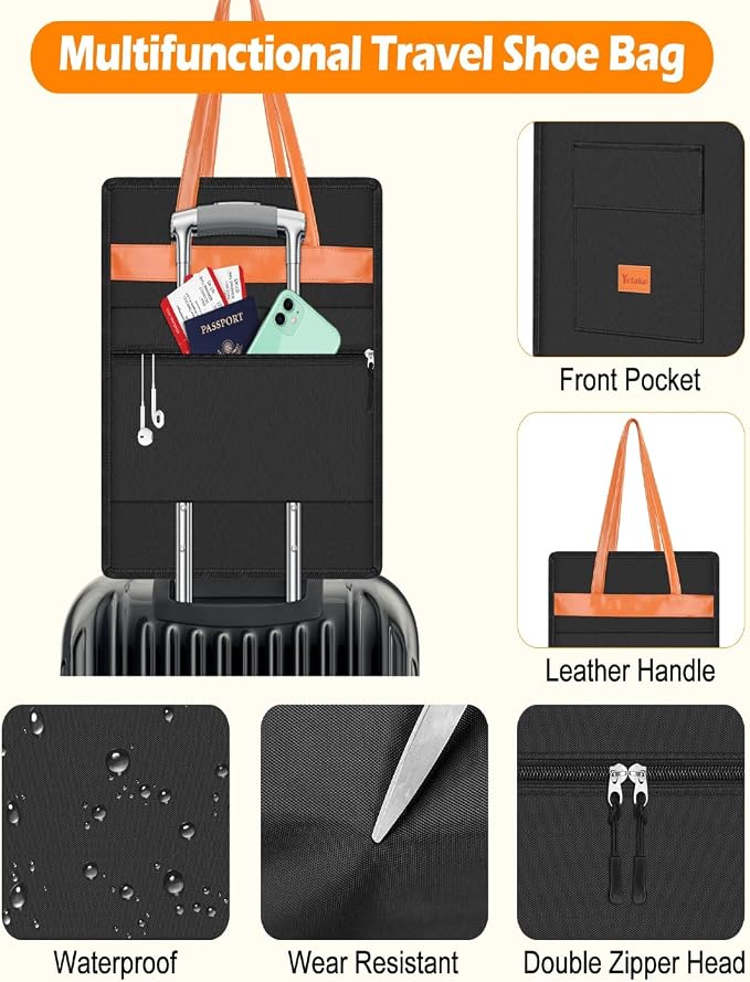 Yotako Shoe Bag for Travel with Leathers Handle Black | Shoe Organizer with Pockets,3 in 1 Hanging Luggage Shoe Storage Bag,Travel Shoe Bag for Women Men Fit 6 PCS Shoes - Image 4