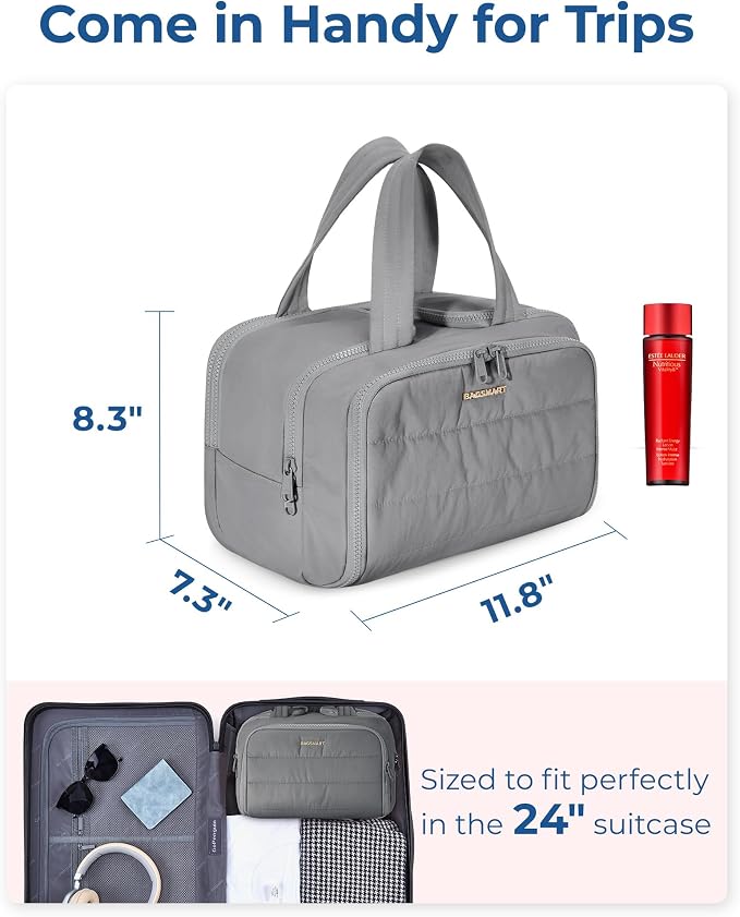 BAGSMART Travel Toiletry Bag, Lightweight Large Wide-open Travel Bag for Women, Puffy Cosmetic Makeup Bag Organizer with Handle for Accessories,Essentials, Toiletries, Grey - Image 6