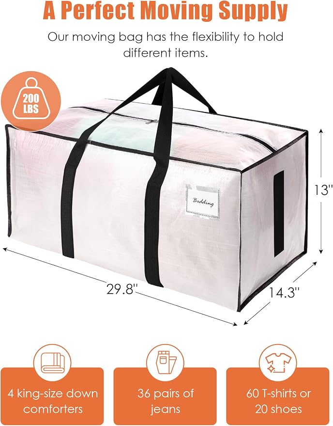 SWEET DOLPHIN 8 Pack 200LB Heavy-Duty Moving Bags with Wrap-Around Handles, Extra Large Storage Totes for Space Saving, Clothes Storage Bags, College Dorm Essentials, Semi-Transparent, 24 Gal - Image 4