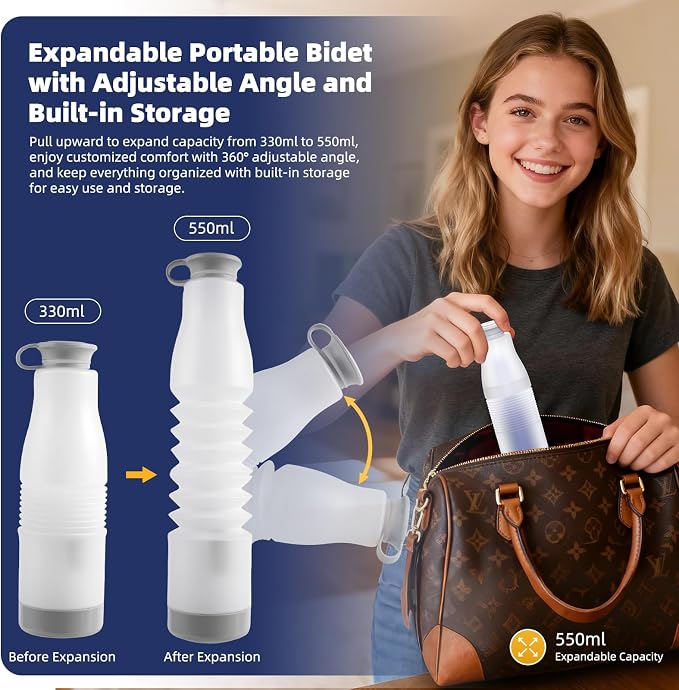 Hibbent Portable Bidet for Travel, High Pressure Electric Handheld Bidet Sprayer, 350-550ML Expandable Bottle for Personal Hygiene, USB-C Rechargeable Waterproof, Travel Sprayer for Women & Men, Blue - Image 3