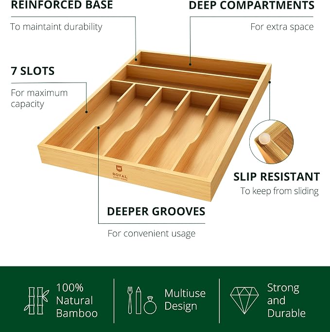 ROYAL CRAFT WOOD Luxury Bamboo Utensil Rack and Silverware Organizer, Kitchen Drawer Organizer - Utensil Holder and Cutlery Tray with Grooved Drawer Dividers for Flatware 7 Slot, Natural - Image 5