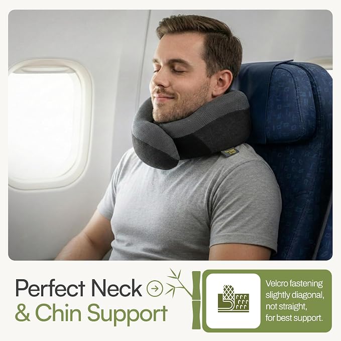 Travel Neck Pillow for Airplanes, Bamboo Charcoal Memory Foam | 360° Chin Support, Neck Pillow for Long Flights, Removable & Washable Cover, Travel Kit Included, 2 Color - Image 4