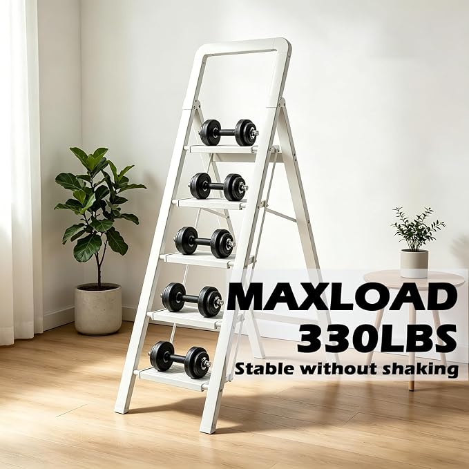 Step Ladder 5-Step White Finish Aluminum Folding Ladders | Anti-slip Sturdy Foldable Ladder Step Stool for Kitchen Home Office Libaray - Image 6