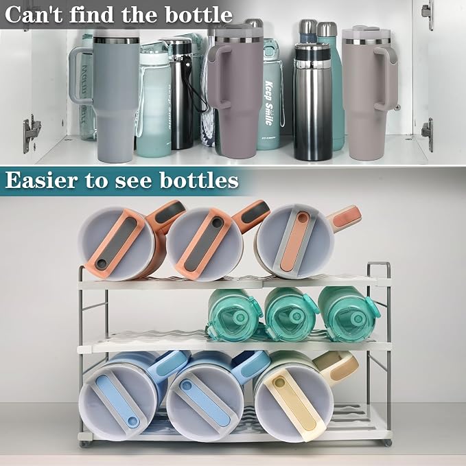 10.6-16.7" Adjustable Width Water Bottle Organizer for Cabinet, 3-Tier Expandable Water Bottle Holder Rack, Cup and Tumbler Storage for Kitchen Organization, Sports Flask, Insulated Travel Mug, Fridge - Image 5