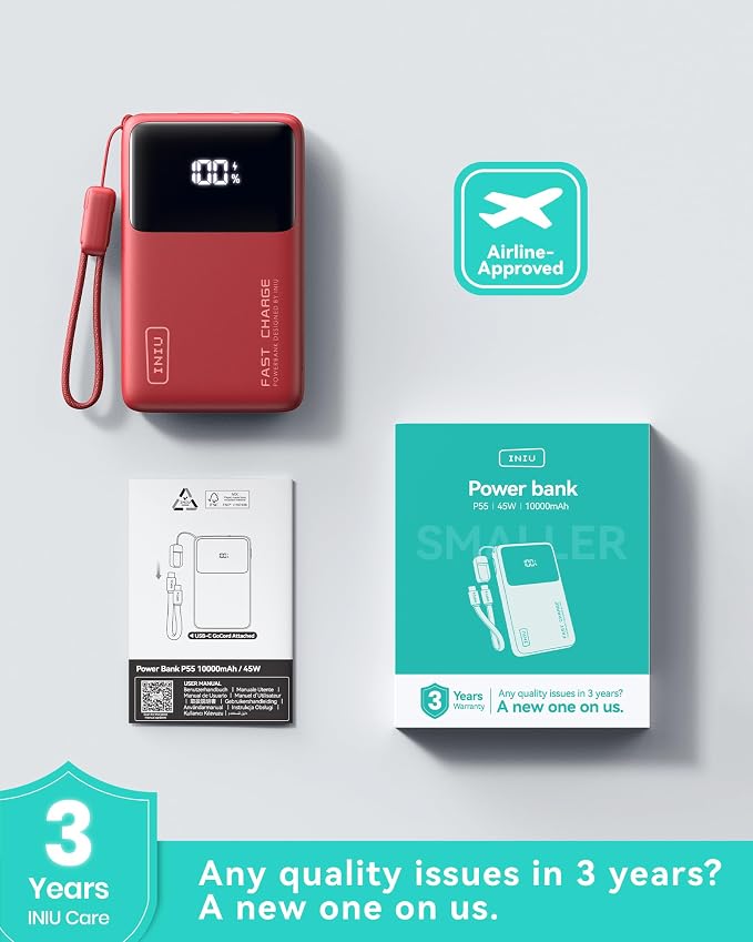 INIU Power Bank, Compact 10000mAh 45W PD Fast Charging Portable Charger | Detachable USB-C Cable, Stand, Flight-Safe, Travel, Flashlight, Battery Pack for iPhone 17 16, Samsung S26, iPad etc, Red - Image 7