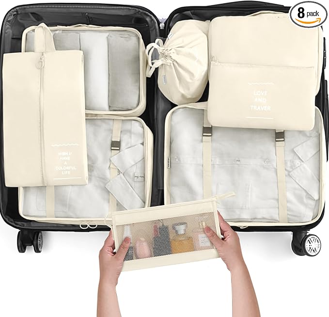 KPX 8 Set Packing Cubes for Travel, Luggage Packing Organizers Accessories Large Toiletries Bag for Clothes Shoes Cosmetics (Beige) by KPX