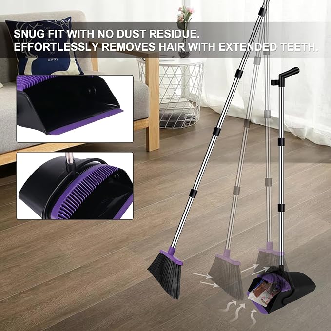 Broom with Dustpan Combo Set, 51" Household Dustpans and Broom, Standing Dust Pan Set for Home, Purple Cleaning Set for Kitchen Lobby Indoor Outdoor | Hands-Free Pet Hair Cleaning, Built-in Comb Dustpan, Space-Saving Storage, Multi-Surface Use for Home... - Image 6