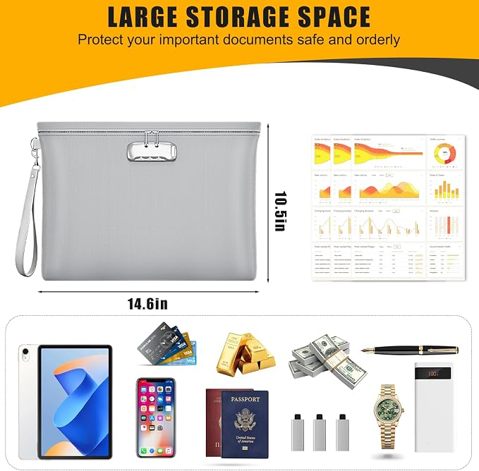 5200℉ Fireproof Document Bag with Lock,Money Pouch,14.3"x10.2" | Waterproof,Zipper Closure, Portable Safe Storage for Letter Size Files, Cash, Cell Phone, Tablet, Credit Card, Passport, Gray - Image 3