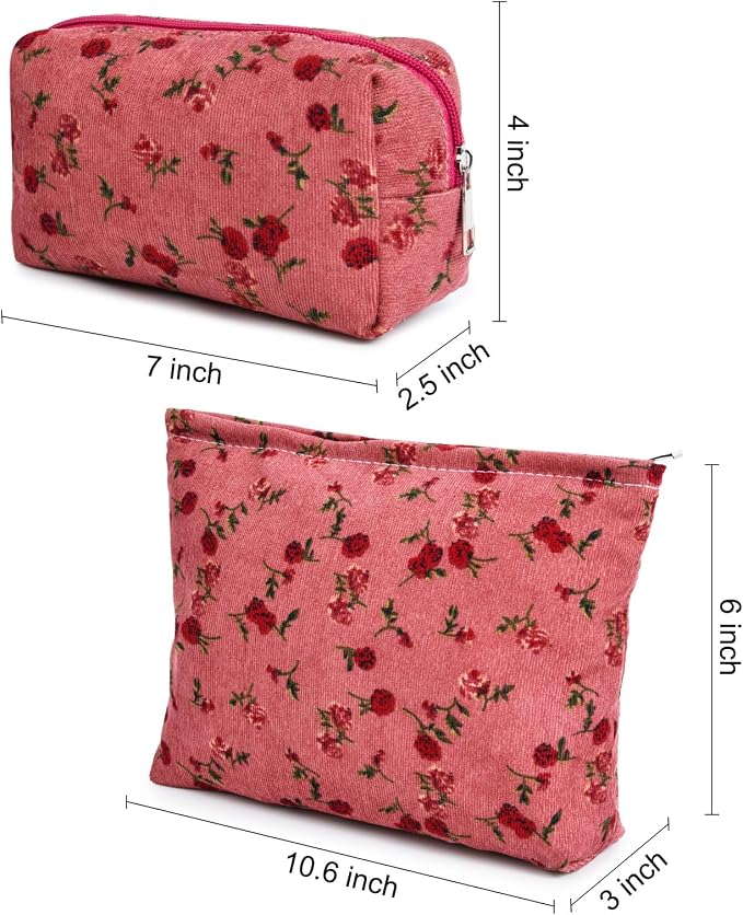 SOIDRAM 2 Pieces Rose Makeup Bag Large Cosmetic Bag Capacity Canvas Mix Travel Toiletry Bag Organizer Cute Makeup Brushes Aesthetic Accessories Storage Bag for Women, Rose Mix Green Red - Image 2