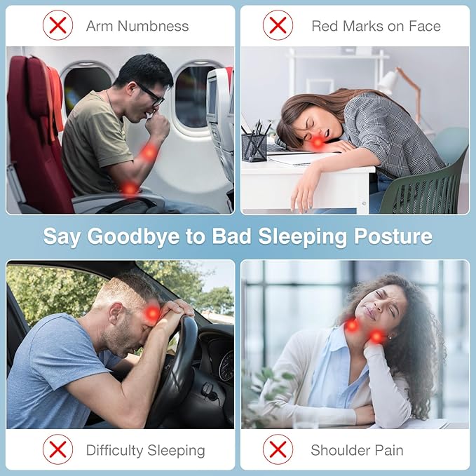 MoKo Inflatable Travel Pillow, Neck Pillow with Storage Bag, Gray | Ergonomic design airplane pillow, optimal neck support. Cutouts to avoid arm numbness. Heart-shaped vent. With storage bag - Image 2