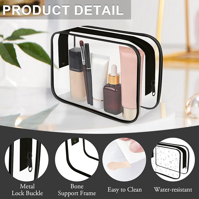 Clear Toiletry Bag, 12 Pack TSA Approved Toiletry Bag Carry on Travel Accessories Bag, Quart Size Bag for 3-1-1 Liquids Airport Airline Compliant Clear Makeup Bag with Metal Zipper (Black Bags) - Image 2