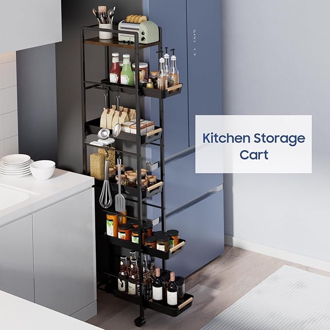 6 Tier Slim Storage Cart with Pull-Out Baskets Rolling Cart with Wheels Wood Top Narrow Utility Cart Metal Shelving Units for Pantry Laundry Room Bathroom Kitchen Black 8in(W) - Image 2