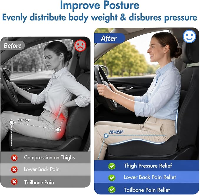 Car Seat Cushion, Ergonomic Memory Foam Car Seat Pad for Sciatica Pain Relief, Larger Driving Seat Cushion for Car Short Drivers on Long Drives - Butt Cushion for Car,Truck, Office - Black - Image 3