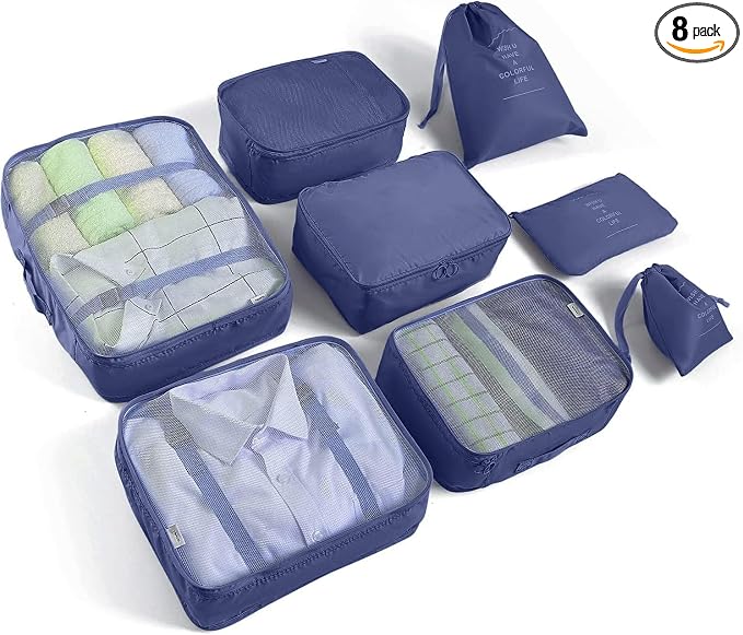 LANSKLBD 6/8 Set Packing Cubes for Suitcases Travel Luggage Packing Organizers,Travel Accessories Essentials Luggage Organizer with Shoe/Tioletry/Laundry Bag (Dark Blue, 8 set) by LANSKLBD