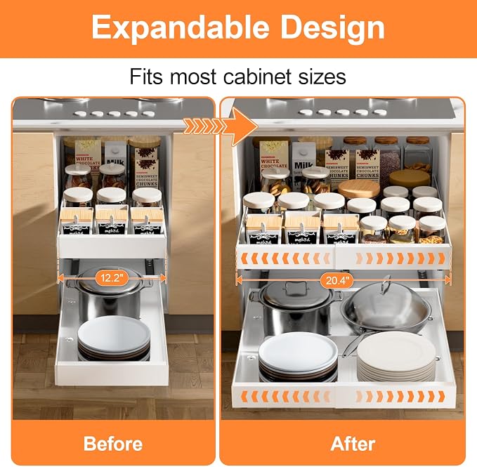 YJHome 2 Pack Pull Out Cabinet Organizer, No Drill Expandable Width 12"-20" & 21" Depth, Adhesive or Screw-In Installation, Magnetic Divider for Custom Storage, for Kitchen Pantry Bathroom Cabinet - Image 2